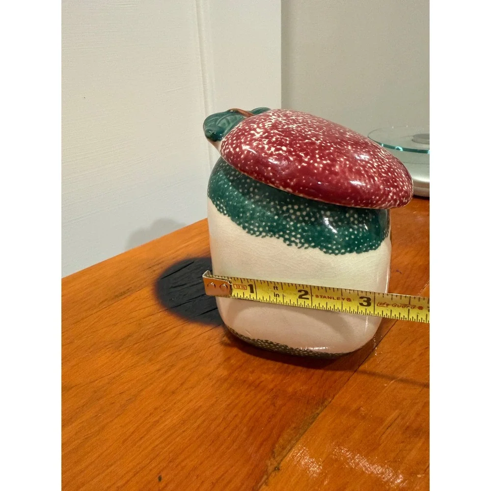 Vintage Hand Painted Ceramic Apple Canister Jar with Lid Red Green Farmhouse